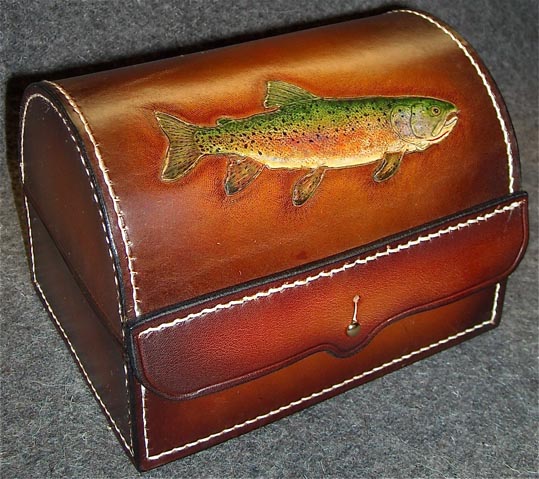 Carved Fly Fishing Trout Rod Reel Rectangle Leather Luggage Card