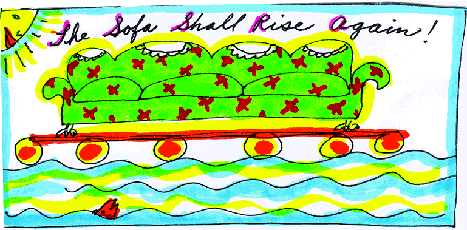 My drawing of the sofa on its raft ©Susan Shie 1998.