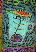 Pyrex cup panel on print quilt. ©Susan Shie 2002.