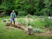 Jimmy starts to till the garden. Susan Shie 2003.