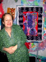 Elizabeth Owen and her Watts Tower quilt.©Susan Shie 2004.